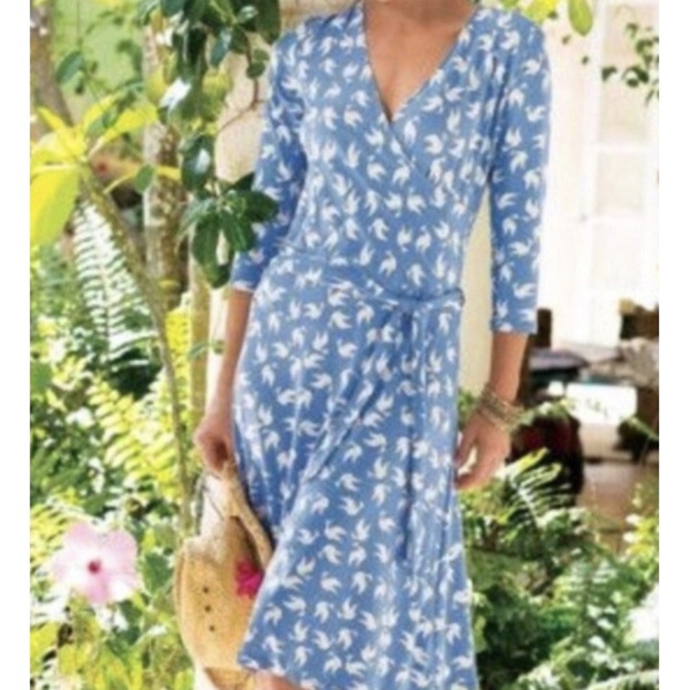 Soft Surroundings Blue Dove Bird Print Mock Wrap Midi Dress V-Neck Womens M EUC